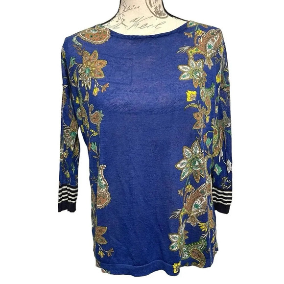 Ann Taylor LOFT Paisley Floral Semi Sheer Top Size Large Blue 3/4 Sleeve - Picture 7 of 7